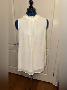 DR2 Ivory Swiss Dot Ruffle Mock Neck Sleeveless Top